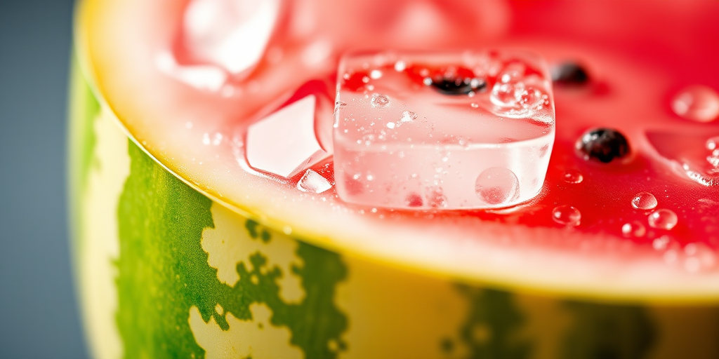 close-up of a refreshing watermelon drink with ice cubes and bubbles, shallow depth of field, 50mm lens, f/1.8 aperture, ISO 100, soft lighting, studio photography, high resolution