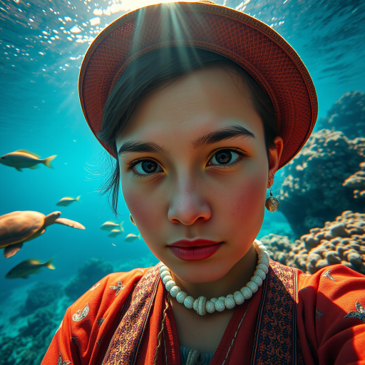 Realistic selfie image of a Kyrgyz, wearing a vintage outfit, detailed dreamy eyes, droopy hooded eyes, staring at the camera, taken underwater at coral reef with a sunbeam filtering through the water, vibrant, summer vacation, natural lighting, turtle and school of tropical fish with vibrant colors, rendered in the style of CryEngine, Pegi Nicol MacLeod, with realistic genre scenes, hauntingly beautiful narratives, ultra-realism, and Thomas Saliot's close-up technique, 8K resolution, crystal clear and sparkling water.