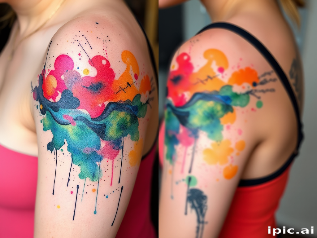 Whimsical watercolor splatter tattoo named "Technicolor Dreamscape" featuring an explosion of vibrant, translucent colors that blend and overlap to create a dreamlike abstract landscape, with delicate splatters and drips adding texture and movement to the design, resulting in a unique and eye-catching piece that resembles a wearable work of modern art