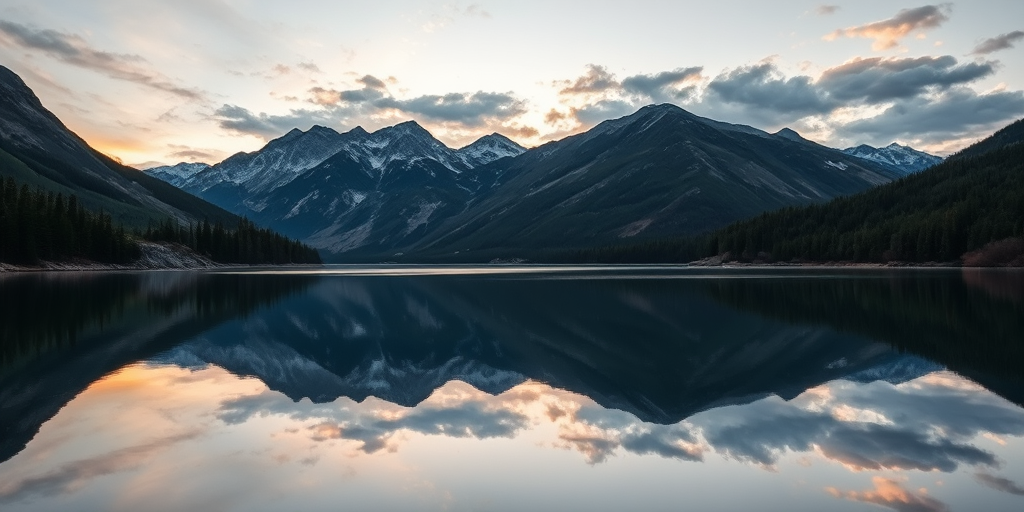 Capture a high-resolution image of a serene landscape featuring a calm lake reflecting the surrounding mountains at sunrise, with a soft focus effect, using a DSLR camera with a 35mm lens, aperture set to f/11, ISO 100, and a shutter speed of 1/125 sec for crisp details and vibrant colors.