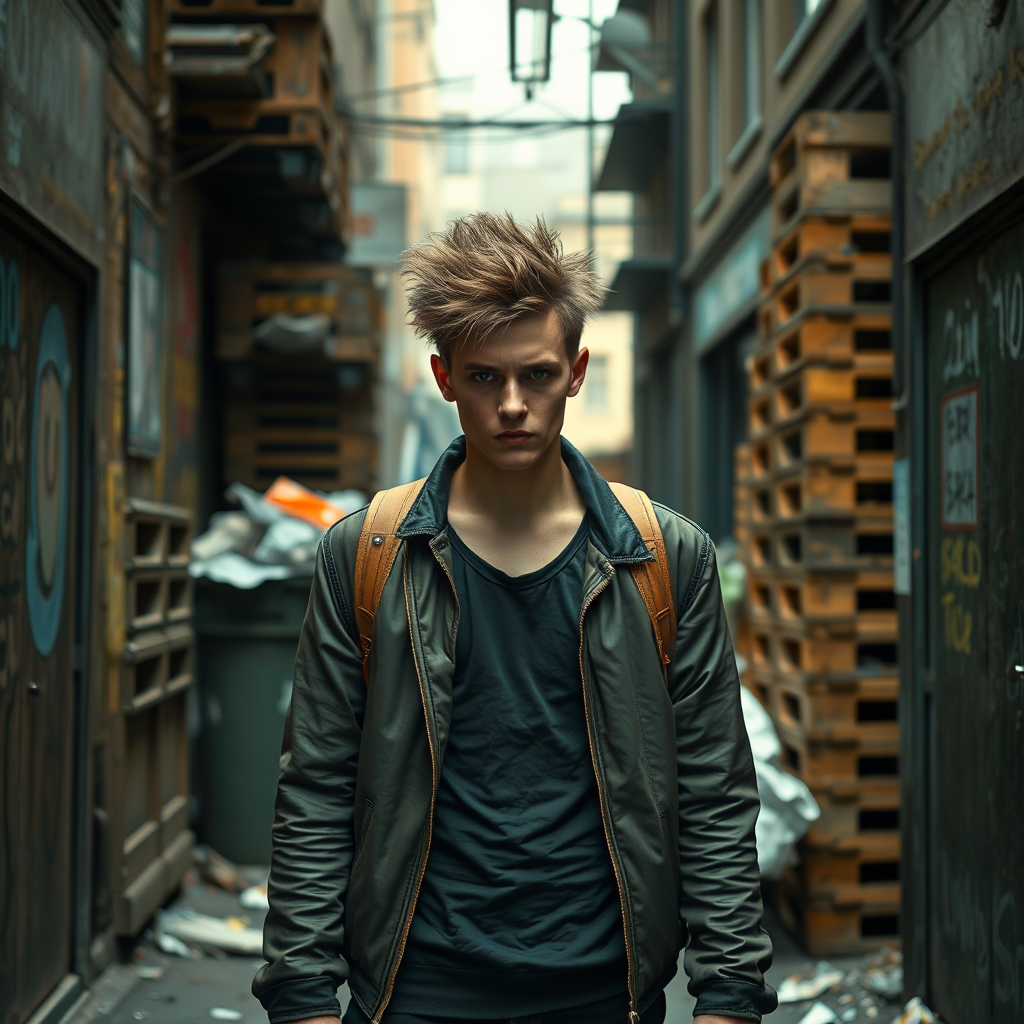 generate an ultra-realistic, highly detailed photograph of a punk. he's standing still, looking menacingly at the camera. he's in a narrow, dirty London street. there are wooden crates stacked up. overflowing rubbish bins, rubbish on the ground.