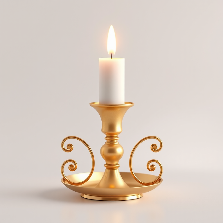 Create a highly detailed 3D render of a gold candlestick holder with a white candle, soft lighting, focal length 50mm, aperture f/2.8, ISO 100, macro lens, studio lighting setup.