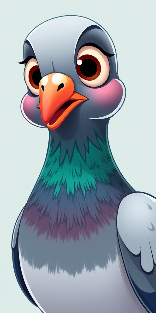 Create a detailed cartoon-style illustration of a pigeon with large expressive eyes, vibrant colors, and a smooth, shiny texture, using a DSLR camera with a 50mm lens, aperture set at f/4, ISO 100, shot from a low angle to emphasize its features and create a clean, blurred background.