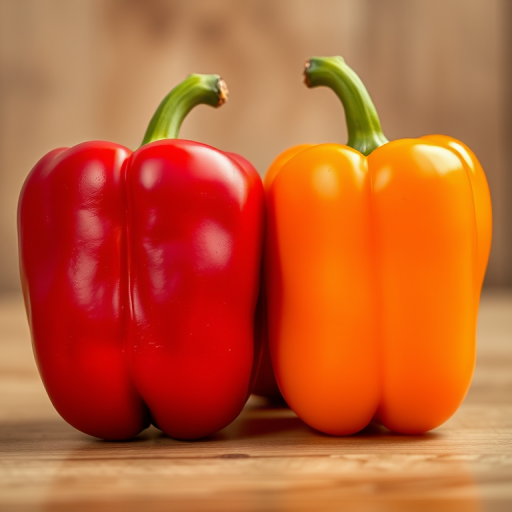 render a realistic image of a red bell pepper and two orange bell peppers side by side with a soft focus background, use a Canon EOS 5D Mark IV, aperture f/8, shutter speed 1/60 sec, ISO 200, 50mm lens, natural lighting
