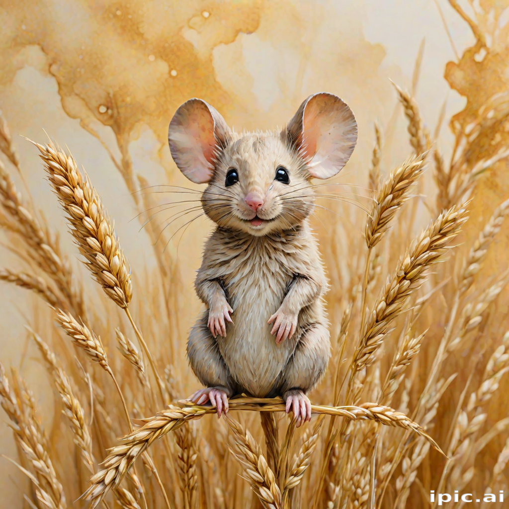 Soft, muted Alcohol Ink with ebru effect background image of tiny whimsical mousey, who climbed high on the top of a golden rye ear.