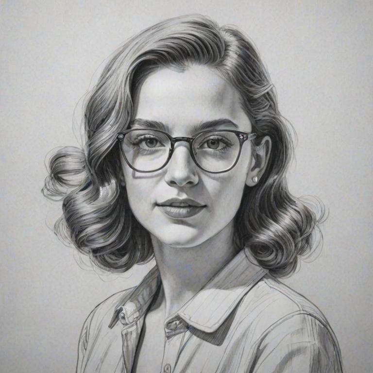 Dazzling Victoria Pedretti, pencil sketch, portrait of Radiant woman 1937s in glasses, hair style beatnik, outline, clear lines, fine lines, 8k