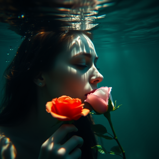 A woman underwater, gazing at a rose Her face is reflected in the water's surface The scene is illuminated by sunlight filtering through the water The atmosphere is serene and contemplative