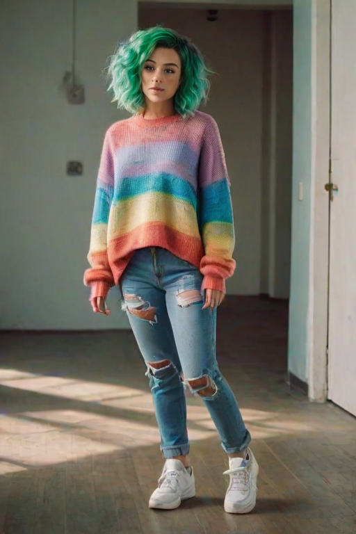 a fitness woman,Stacked Curls in Short Bob,rainbow hair,dressed in a casual oversized sweater with ripped jeans and sneakers,within the halls of eternal echoes,Overdetailed art Best quality ultra sharp intricate details Fine art,Polaroid,studio lighting