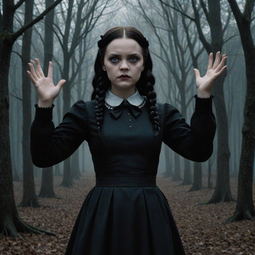 Digital art, full height portrait of Wednesday Addams, standing up with her hands in the air as if in a hold-up. Her dark, gothic attire replaces Alice’s classic blue dress, and she wears black shoes instead of blue. A small, neat black bow adorns her hair, capturing her signature style. The overall composition maintains a whimsical yet eerie tone, similar to Alice in Wonderland, while showcasing Wednesday’s iconic gothic charm.