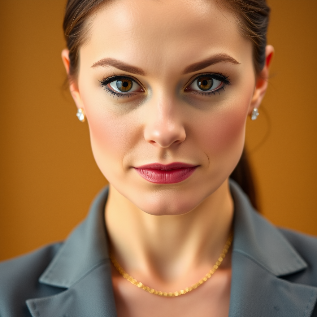 High quality passport photo of a woman wearing a suit and tie looking directly at the camera with her mouth closed and a neutral expression. She is also wearing a delicate gold chain and some understated diamond earrings.
