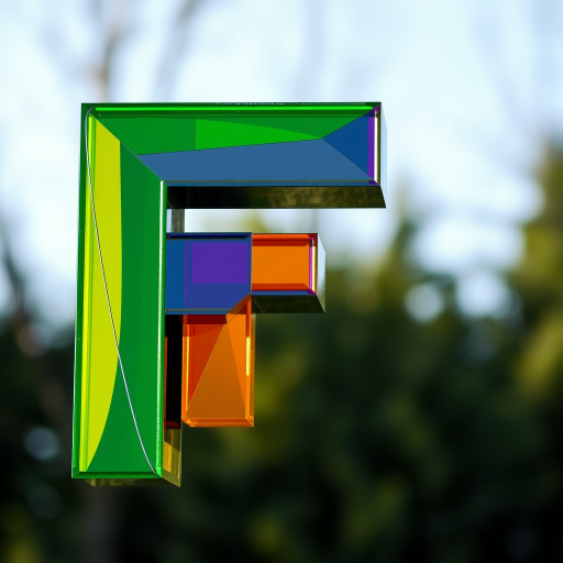 Regenerate a colorful, stylized letter "F" with vibrant hues of green, yellow, purple, and orange in a geometric arrangement, captured with a Canon EOS R5, 50mm lens, f/1.8 aperture, ISO 100, in natural light, high resolution for sharp details.