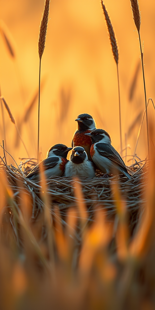 Regenerate an image of three birds in a nest surrounded by tall grass during golden hour, with a shallow depth of field to blur the background, captured with a Canon EOS R5 at 50mm f/1.8, ISO 200, shutter speed 1/200s.