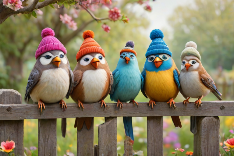 create a scene of 4 quirky  whimsical colourful comical birds each with a funny expression. they are sat on a wooden fence with colourful flowers. they are all different sizes. each one is a different colour  one is wearing a woolly hat. Each one has a different quirky google expression and there is a muted background of trees watercolour paintierly style high definition 8k resolution 3D paper mache
