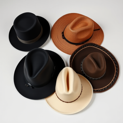 Create a high-resolution image of various hats including a top hat, a fedora, a cowboy hat, and a sombrero arranged artistically on a clean background, using a DSLR camera with a 50mm lens, aperture set to f/2.8 for shallow depth of field, ISO 100 for clarity, and a soft natural light setup to enhance colors and textures.