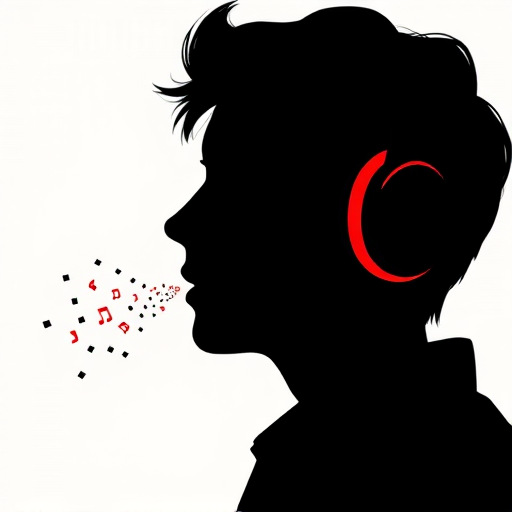 Create a high-resolution digital illustration of a silhouetted head wearing headphones, with vibrant red ear cups, and pixelated sound waves dispersing from the mouth, using a Canon EOS R5 camera with a 50mm lens, aperture set to f/1.8, ISO 100, and a soft-focus background for emphasis on the subject.