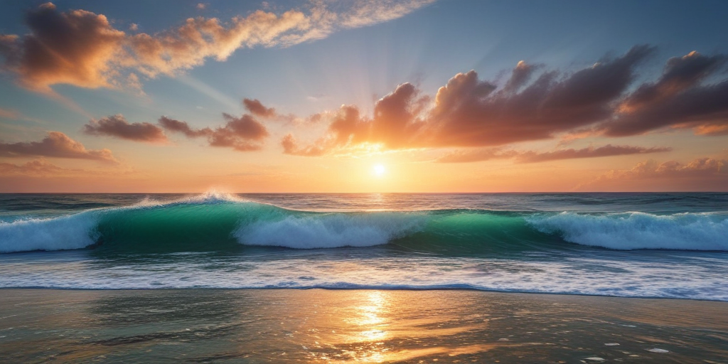 Serene Sunset Over the Ocean with Waves and Colorful Clouds