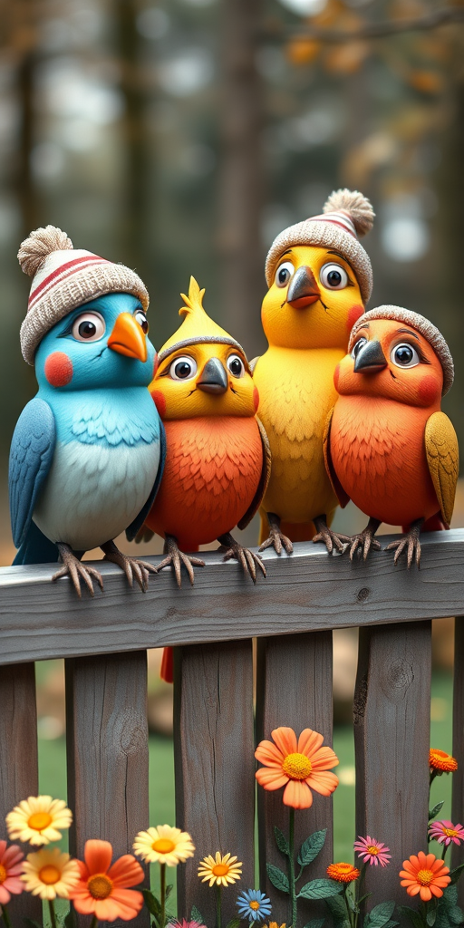 create a scene of 4 quirky  whimsical colourful comical birds each with a funny expression. they are sat on a wooden fence with colourful flowers. they are all different sizes. each one is a different colour  one is wearing a woolly hat. Each one has a different quirky google expression and there is a muted background of trees watercolour paintierly style high definition 8k resolution 3D paper mache