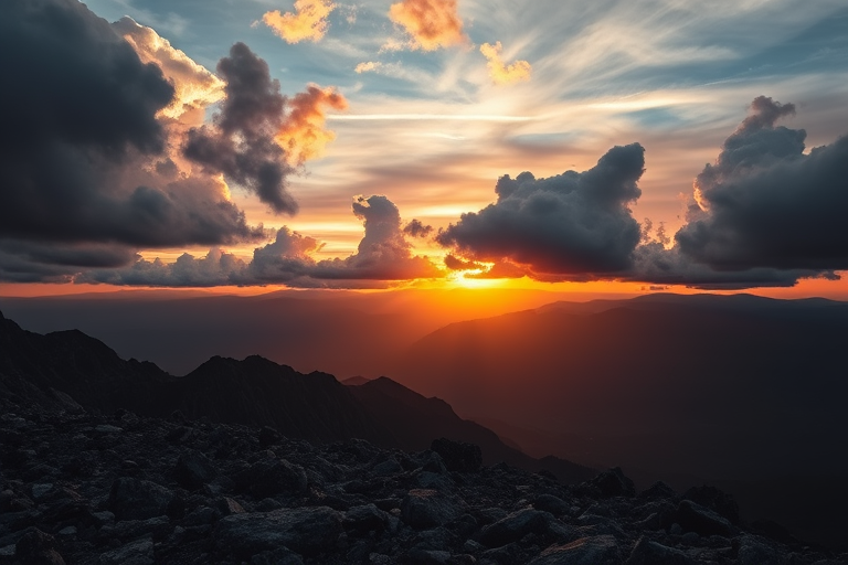 sunset over mountains with dramatic clouds and rocky foreground, captured with a DSLR camera at 50mm focal length, aperture f/8, ISO 200, using a wide-angle lens, in landscape orientation for enhanced depth and detail