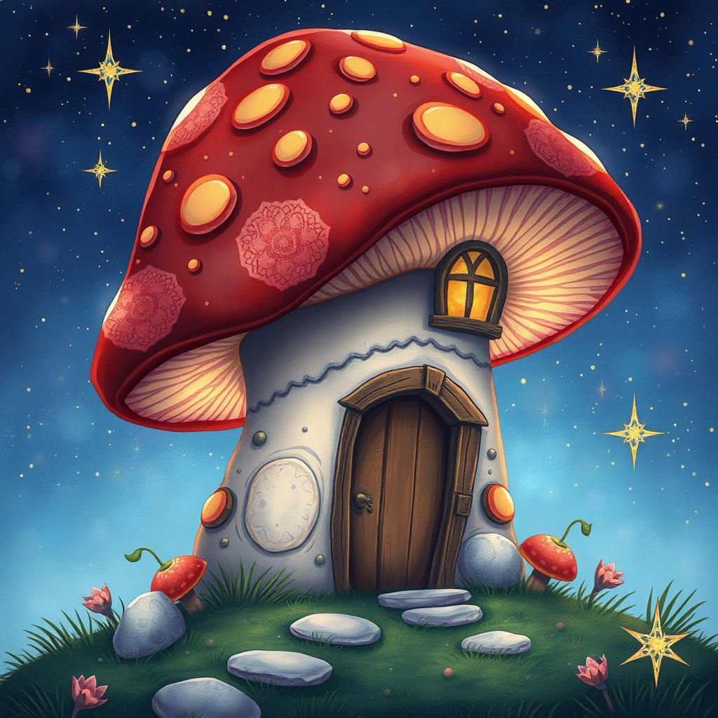 this picture is illustration of a mushroom house with a door and a window, a storybook , fantasy art, mushroom house, bg starry sky, sparkles