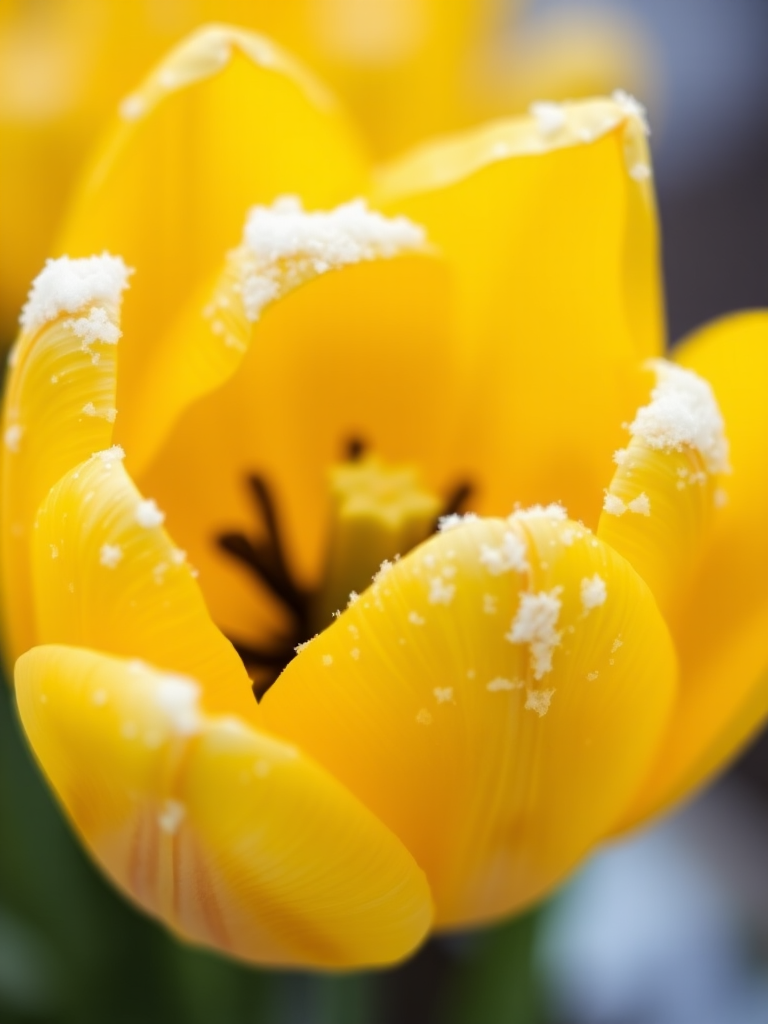 close-up shot of a yellow tulip with snowflakes on its petals, soft focus background, natural light, aperture f2.8, shutter speed 1/200, ISO 100, macro lens, DSLR camera