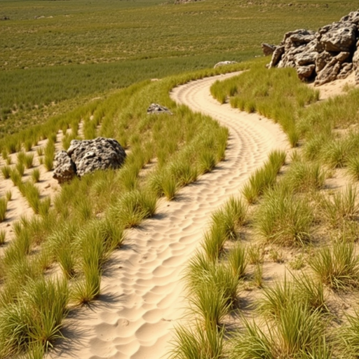 Generate a vivid landscape image featuring a sandy path winding through a grassy area with rocks on the side, captured with a Canon EOS 5D Mark IV at f/8, ISO 100, 1/250 sec, wide-angle lens, in natural daylight for enhanced clarity and detail.