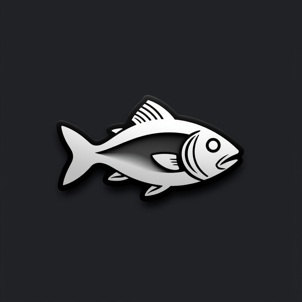 Create a high-resolution image of a stylized fish icon, using a DSLR camera with a 50mm lens, f/1.8 aperture, ISO 100, in a flat lay view, ensuring a smooth gradient from black to gray for a sleek, modern look.