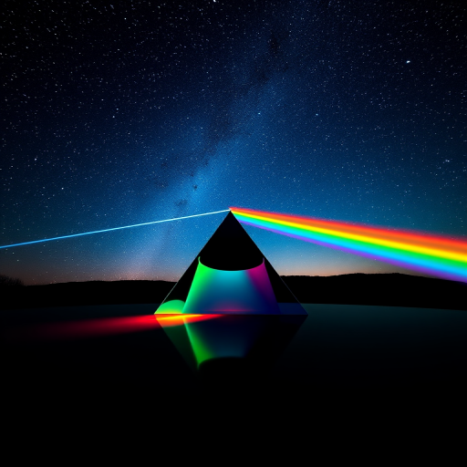 Create a vibrant digital artwork of a prism dispersing light into a rainbow against a starry sky, using a Canon EOS R5 camera with a 24mm lens, aperture f/8, ISO 100, and a long exposure of 5 seconds, capturing a panoramic view with vivid colors and high contrast.