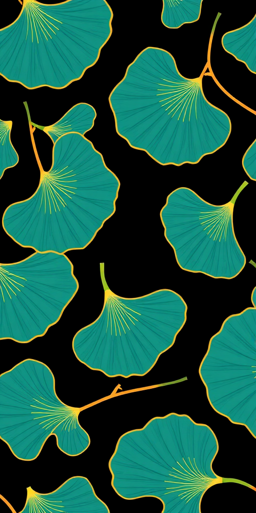 create a high-resolution seamless pattern of ginkgo biloba leaves in teal and gold outlines against a black background, shot with a Canon EOS R5 at f/8, ISO 100, 50mm lens, top-down view, in a modern flat lay style