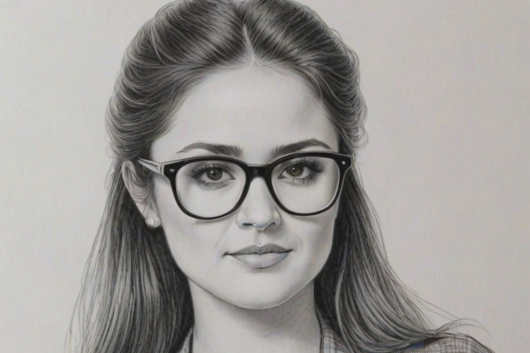 Pleasing Danica McKellar, pencil sketch, portrait of Enticing woman 1980s in glasses, hair style beatnik, outline, clear lines, fine lines, 8k