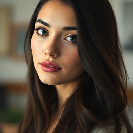 portrait of a woman with long dark hair, soft lighting, shallow depth of field, ISO 200, f/1.8, 85mm lens, 1/200 sec, indoor setting, natural light, captured using a DSLR camera