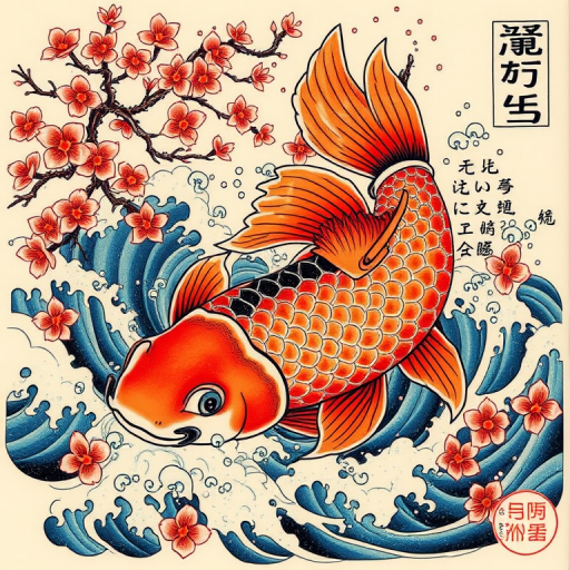 Traditional Japanese irezumi tattoo called "Koi's Journey" showcasing a large, colorful koi fish swimming through turbulent waves and cherry blossoms, with intricate background details and symbolic elements woven throughout the composition