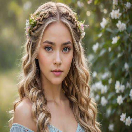 Create an image of a young Filipino woman with long, wavy blonde hair, adorned with small, colorful flowers woven into her braids and loose strands. Her complexion is fair, with soft, glowing skin, and she has light blue eyes that gaze softly at the viewer. She wears a light, flowing dress with a gentle, ethereal quality, complementing her delicate and serene appearance. The background is slightly blurred, drawing focus to her tranquil expression and the intricate details of the flowers in her hair. The overall mood of the image is one of natural beauty and grace, evoking a sense of peacefulness and connection with nature.