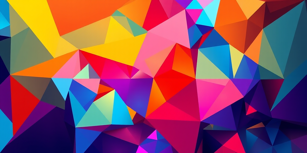 Generate a high-quality abstract illustration featuring vibrant geometric shapes and a dynamic color palette, captured with a Canon EOS 5D Mark IV, 50mm lens, f/1.8 aperture, ISO 100, using a top-down view and soft diffused lighting for enhanced depth and clarity.