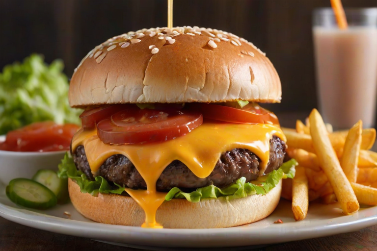 High-resolution, close-up image of a gourmet double cheeseburger. The burger features a glossy, sesame-seed-topped brioche bun. Inside, there are two thick, juicy beef patties, each topped with melted cheddar cheese. The burger is garnished with fresh lettuce, tomato slices, diced onions, and pickles. A generous amount of ketchup and a creamy, orange-colored sauce is dripping down the sides, adding to the mouth-watering appeal. In the background, there are blurred elements including a side of golden French fries and a hint of a beverage, enhancing the overall presentation of a delicious meal.