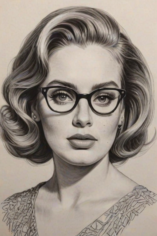 Bewitching Adele Laurie Blue Adkins, pencil sketch, portrait of Dazzling woman 1948s in glasses, hair style beatnik, outline, clear lines, fine lines, 8k