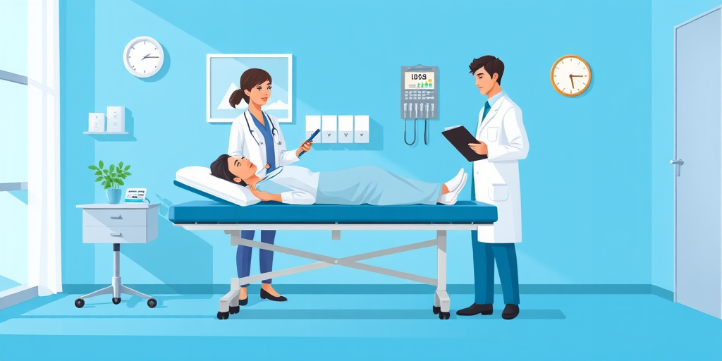 Create a digital illustration of a doctor's office with a patient lying on an examination table and a doctor standing beside holding a clipboard, vibrant blue background, flat design, high resolution, 4K quality, 35mm lens, shallow depth of field, soft lighting.