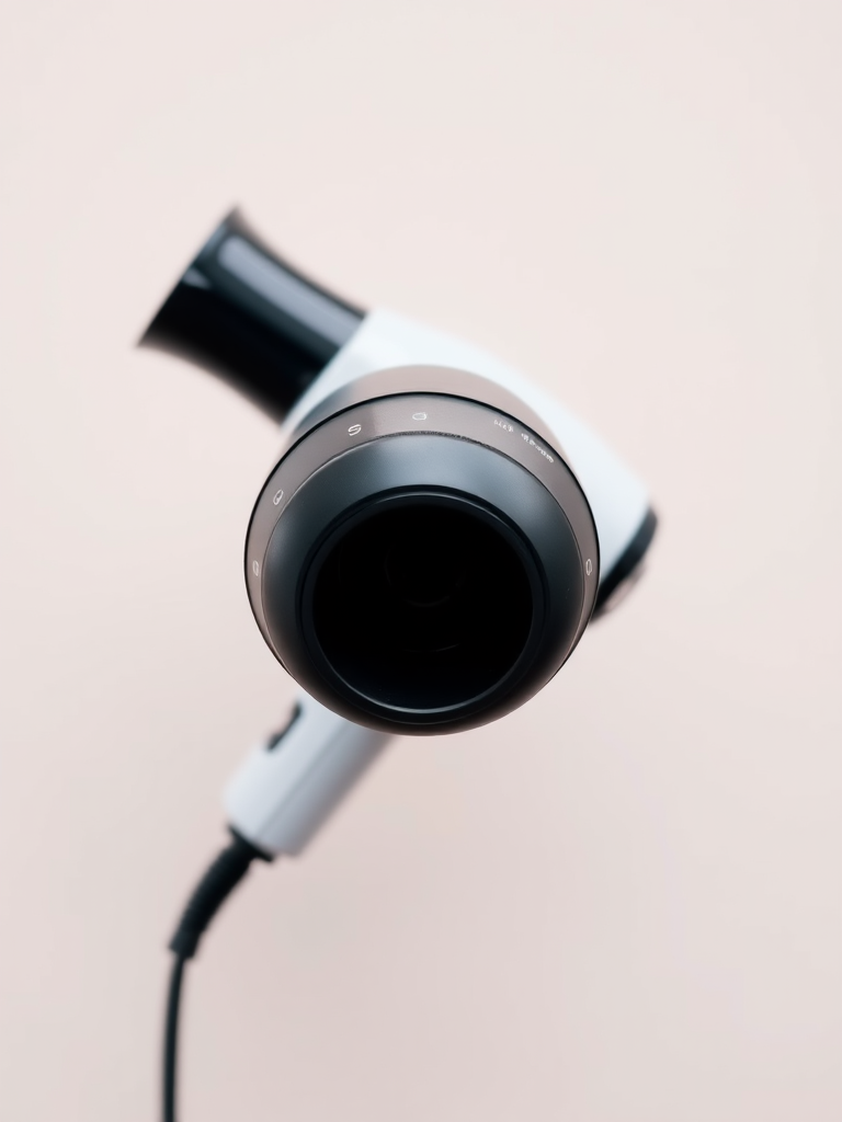 high-resolution image of a modern hair dryer on a simple background, 50mm lens, f/2.8 aperture, ISO 100, front view, studio lighting, DSLR camera