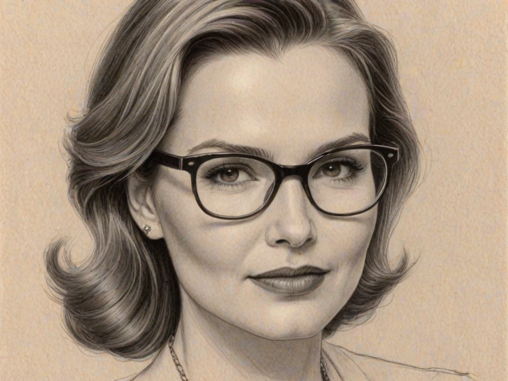 Captivating Geena Davis, pencil sketch, portrait of Radiant woman 1958s in glasses, hair style beatnik, outline, clear lines, fine lines, 8k