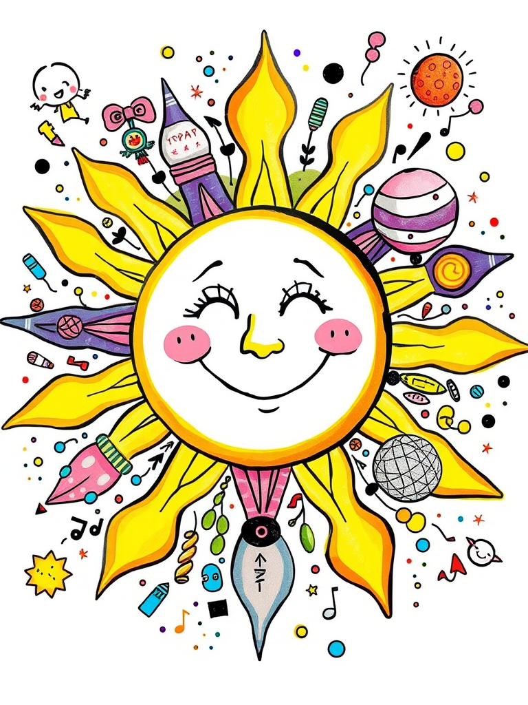Create a colorful, detailed doodle art featuring a sun with a smiling face, whimsical characters, planets, and abstract patterns in a vibrant, playful style, taken with a Canon EOS R5, 24mm lens, f/4 aperture, ISO 100, in natural light to enhance image quality.