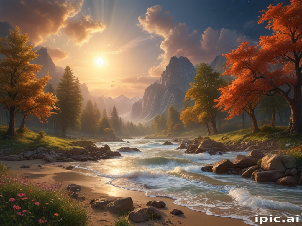 Tranquil Autumn Landscape with Majestic Mountains and Serene Flowing River