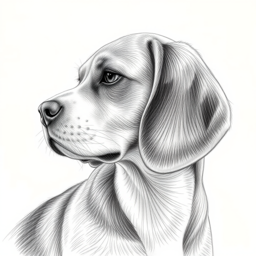 Create a highly detailed pencil sketch of a beagle, focusing on the profile view, with soft shading and intricate fur texture, using a DSLR camera at f/8 aperture, 50mm lens, 1/125s shutter speed, natural light to enhance contrast and clarity.
