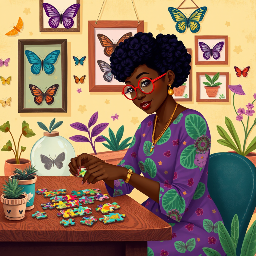 A vibrant and whimsical illustration of an african american woman sitting at a table working on a colorful jigsaw puzzle. she is wearing round glasses, and patterned clothing in shades of purple and green.  The background features an eclectic collection of framed butterflies, potted plants, and other natural elements, creating a warm and inviting atmosphere. The style is playful and modern, with rich textures, intricate details, and a lively color palette.