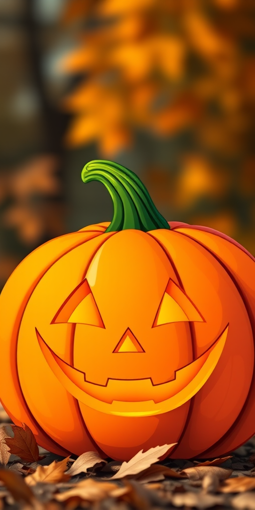 Create a high-resolution illustration of a smiling jack-o'-lantern with a bright orange exterior and a green stem, using a DSLR camera with a 50mm lens, aperture set to f/2.8 for a shallow depth of field, and natural lighting for vibrant colors, showcasing the pumpkin against a softly blurred autumn background.