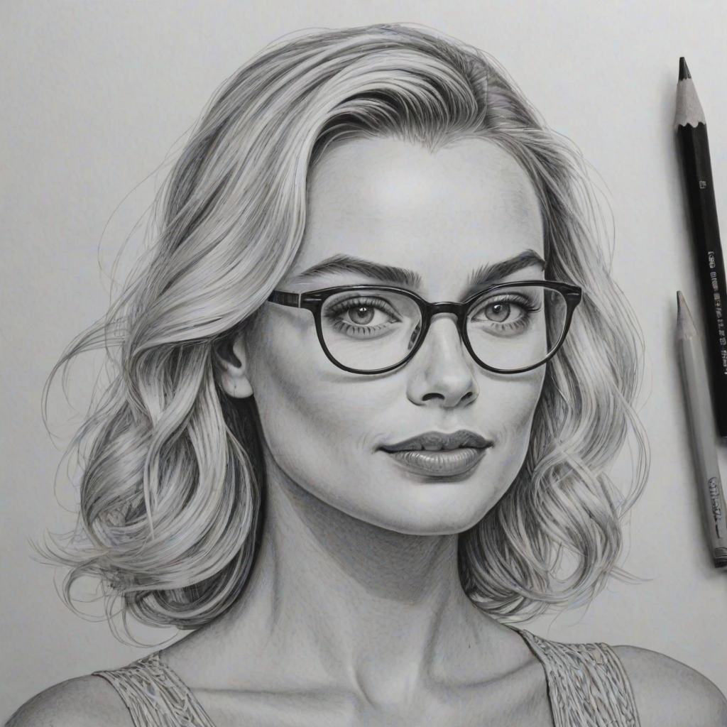 Bewitching Margot Robbie, pencil sketch, portrait of Delightful woman 1936s in glasses, hair style beatnik, outline, clear lines, fine lines, 8k