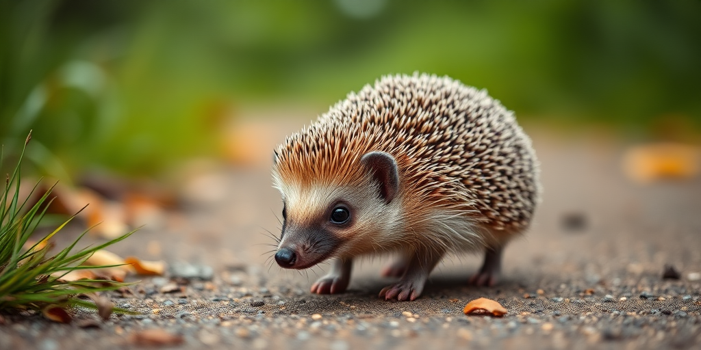 A close-up shot of a hedgehog walking on a path, captured with a Canon EOS 5D Mark IV, 50mm lens, f/2.8 aperture, ISO 200, 1/250 sec shutter speed, shallow depth of field to enhance focus on the hedgehog while softly blurring the background.