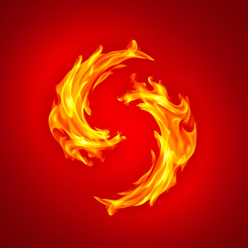 Create a vibrant illustration of a flaming yin-yang symbol on a solid red background using a DSLR camera with a 50mm lens, aperture f/1.8, ISO 200, shot from a top-down view, with high dynamic range to enhance color intensity and clarity.