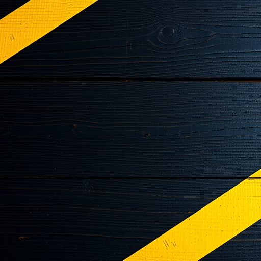 Generate an image of a textured dark wooden surface with yellow hazard stripes framing the edges, using a DSLR camera with a 50mm lens at f/8, ISO 100, and a shallow depth of field, shot from an overhead perspective with natural lighting to enhance colors and details.