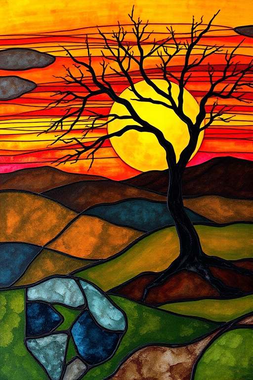 A vibrant abstract painting on Tiffany Glass, blending acrylic and alcohol ink techniques, captures a dramatic sunset over rolling hills. The artwork features a textured, rocky foreground in green and brown, layered abstract hills, and a striking sunset in rich oranges, yellows, and reds. A solitary black tree with intricate branches contrasts against the fiery sky, creating a dynamic and expressive portrayal of a breathtaking natural scene.
