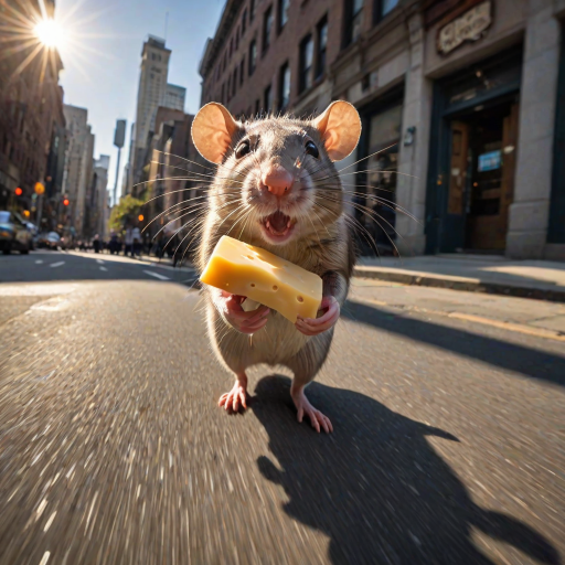 rat holding cheese is (running:1.05) to the viewer, (motion blur:1.1), (police running:1.2), (dynamic:1.1), sun rays, newyork, (taken by go pro:1.3), (taken by 7.5mm fisheye lens:1.1)