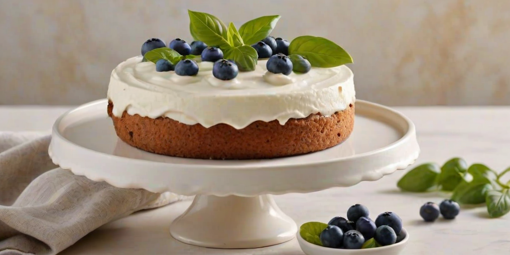 Generate an image of a round cake decorated with a smooth white frosting. The cake is topped with fresh blueberries and small green basil leaves arranged artistically on the surface. The background is a soft, neutral fabric, giving a cozy and inviting feel to the scene.